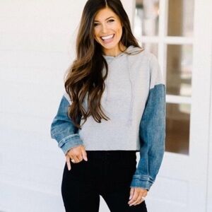 Emory Park Gray Hoodie Cropped Sweatshirt with Denim Sleeves Size S